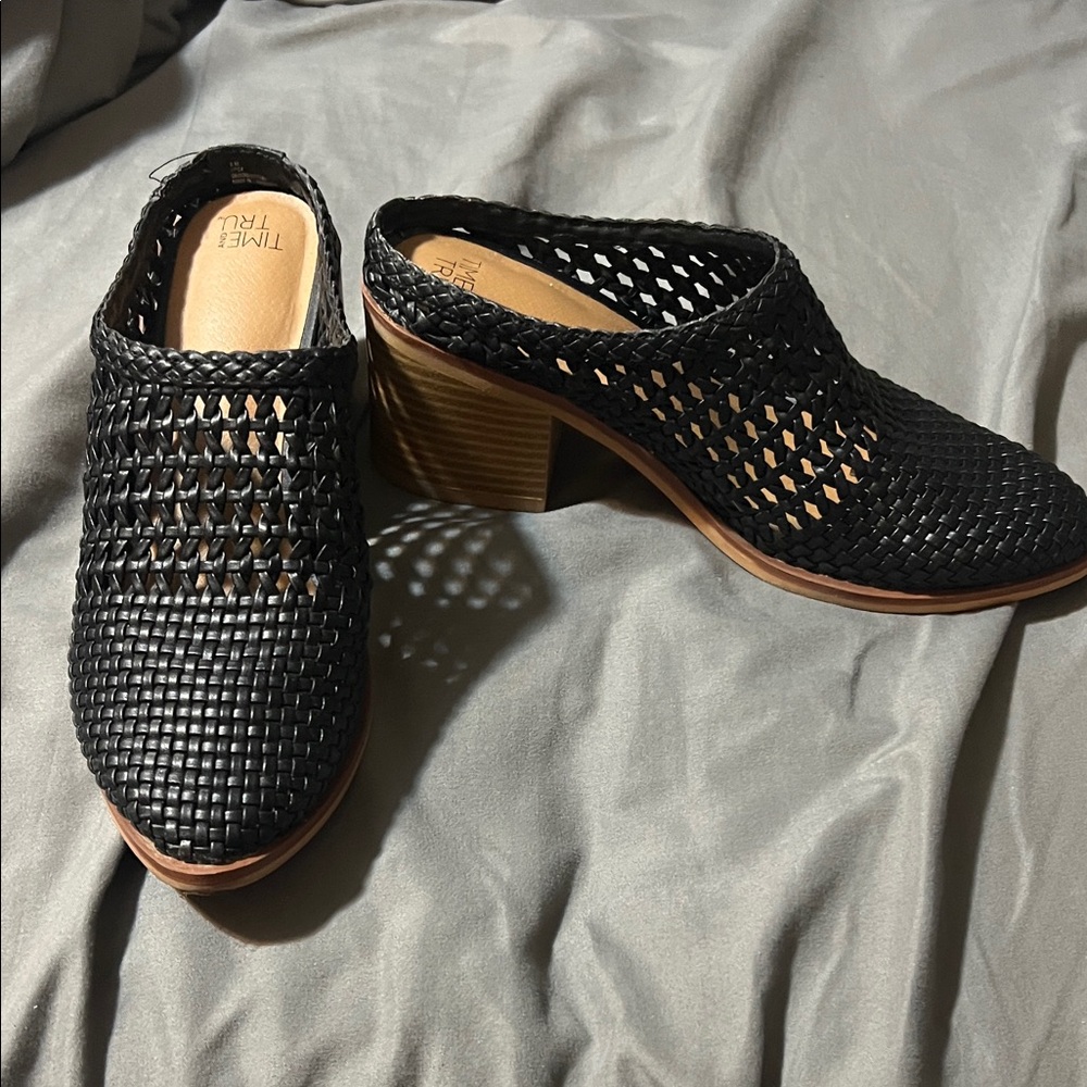 Nine West Black Woven Mules with Wooden Heel